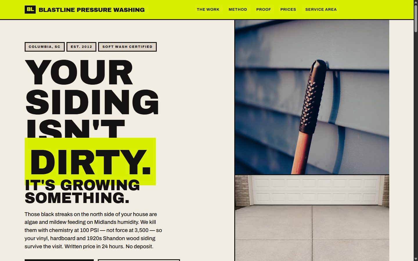 Blastline Pressure Washing homepage: bold, blocky layout with one bright acid-green accent
