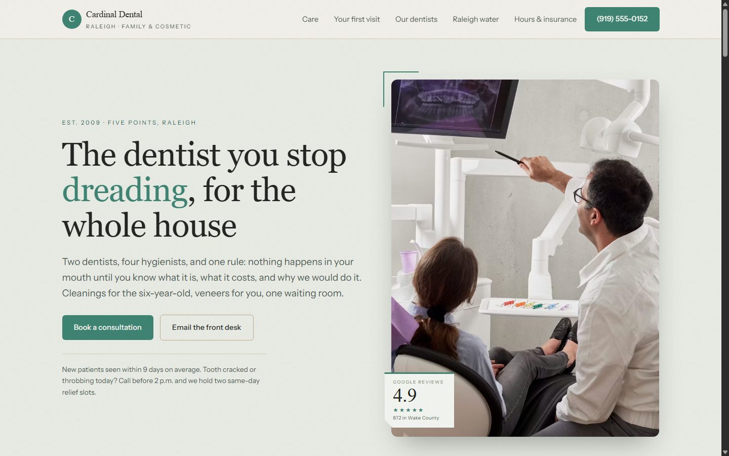 Cardinal Dental homepage: warm cream colors with an arched photo of a dentist and a young patient