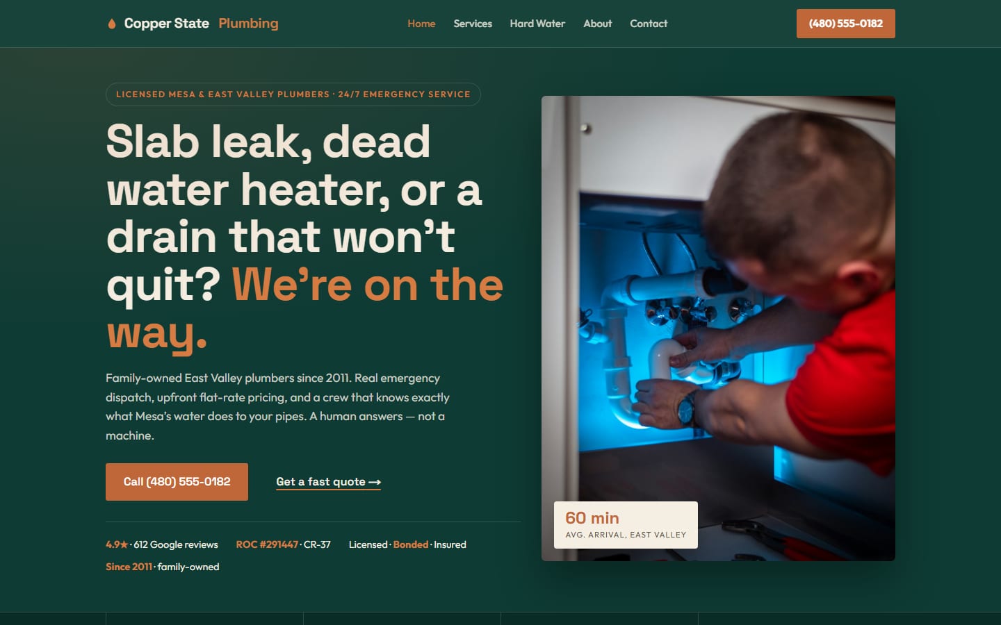 Copper State Plumbing homepage: two-panel opening with a plumber under a sink, in deep pine green and copper