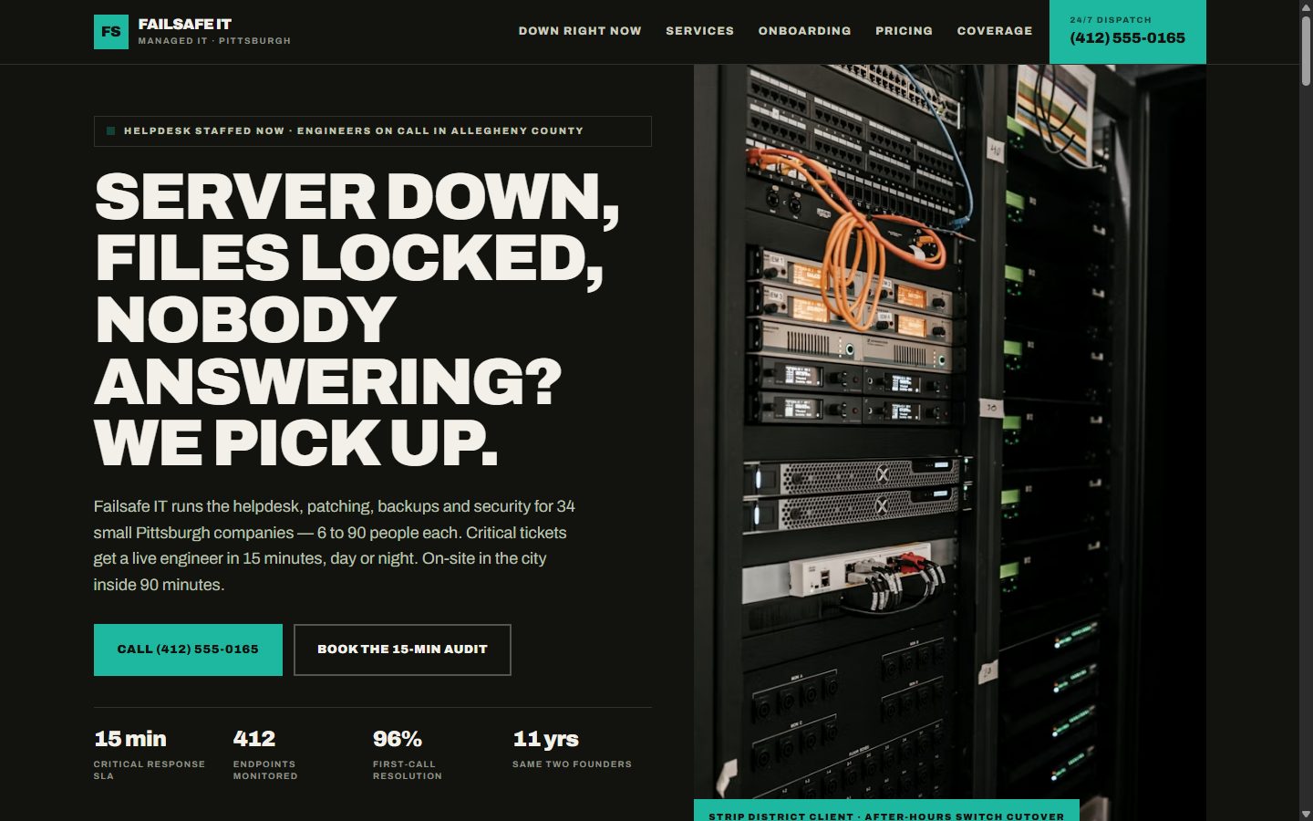 Failsafe IT homepage: dark opening with a high-visibility yellow headline: server down, files locked, we pick up