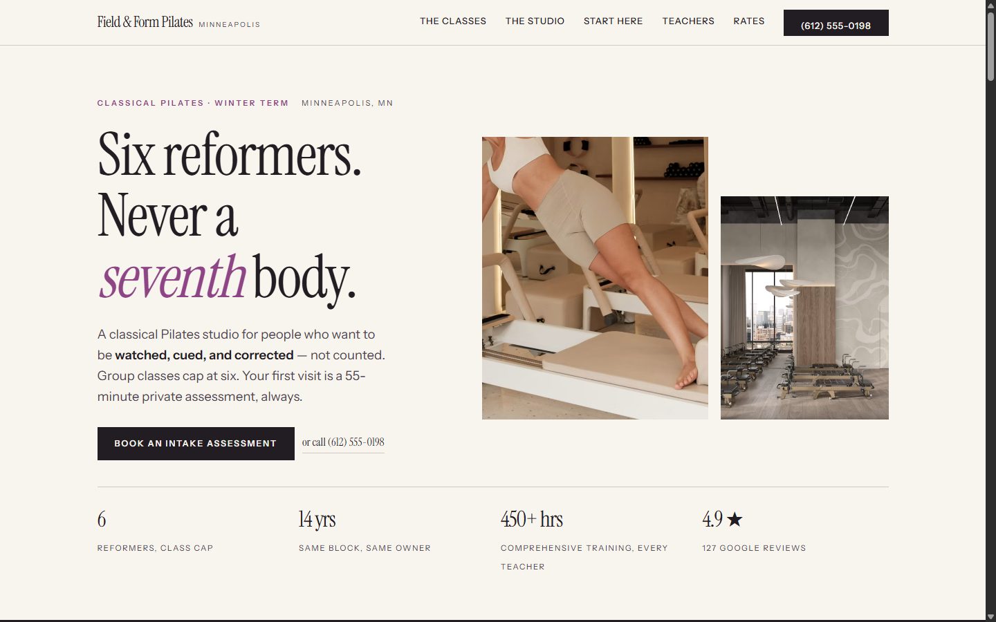 Field & Form Pilates homepage: magazine-style serif opening that reads “Six reformers. Never a seventh body.”