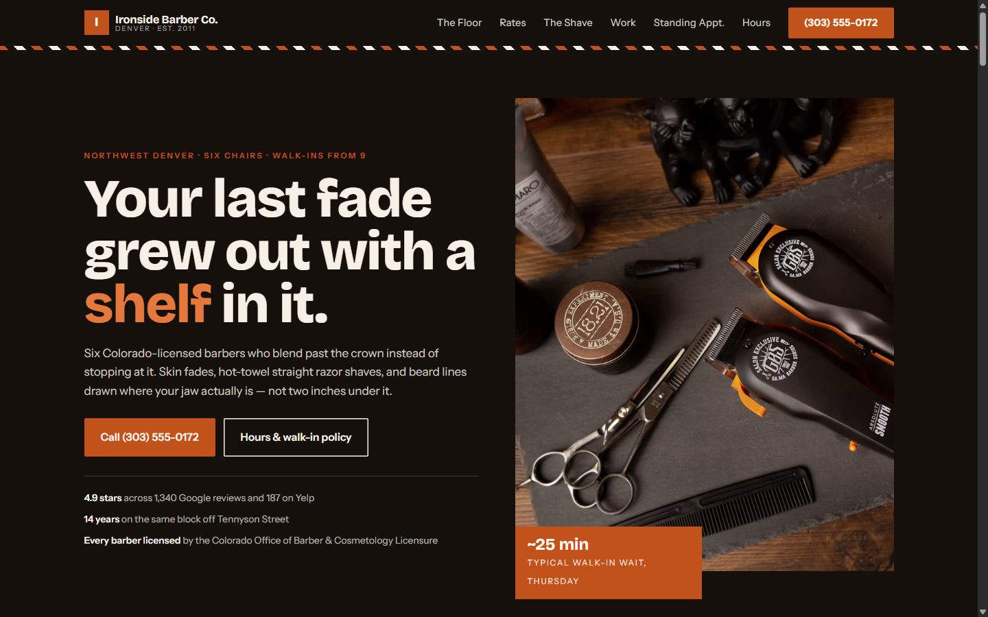 Ironside Barber Co. homepage: dark opening photo of clippers, shears, and pomade on a slate counter