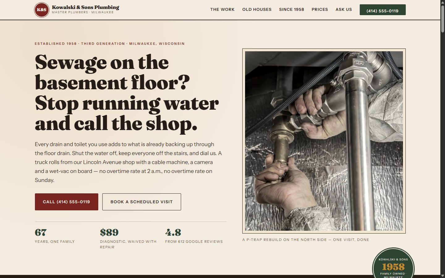 Kowalski & Sons Plumbing homepage: vintage-style layout telling the story of a family shop founded in 1958