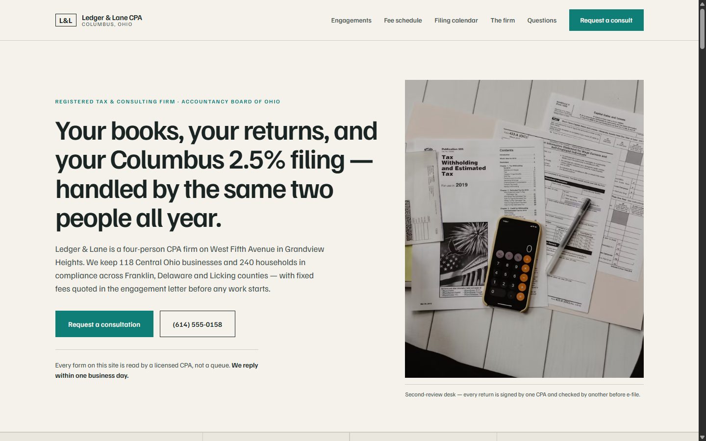 Ledger & Lane CPA homepage: clean grid layout with a table of services, each with a written scope