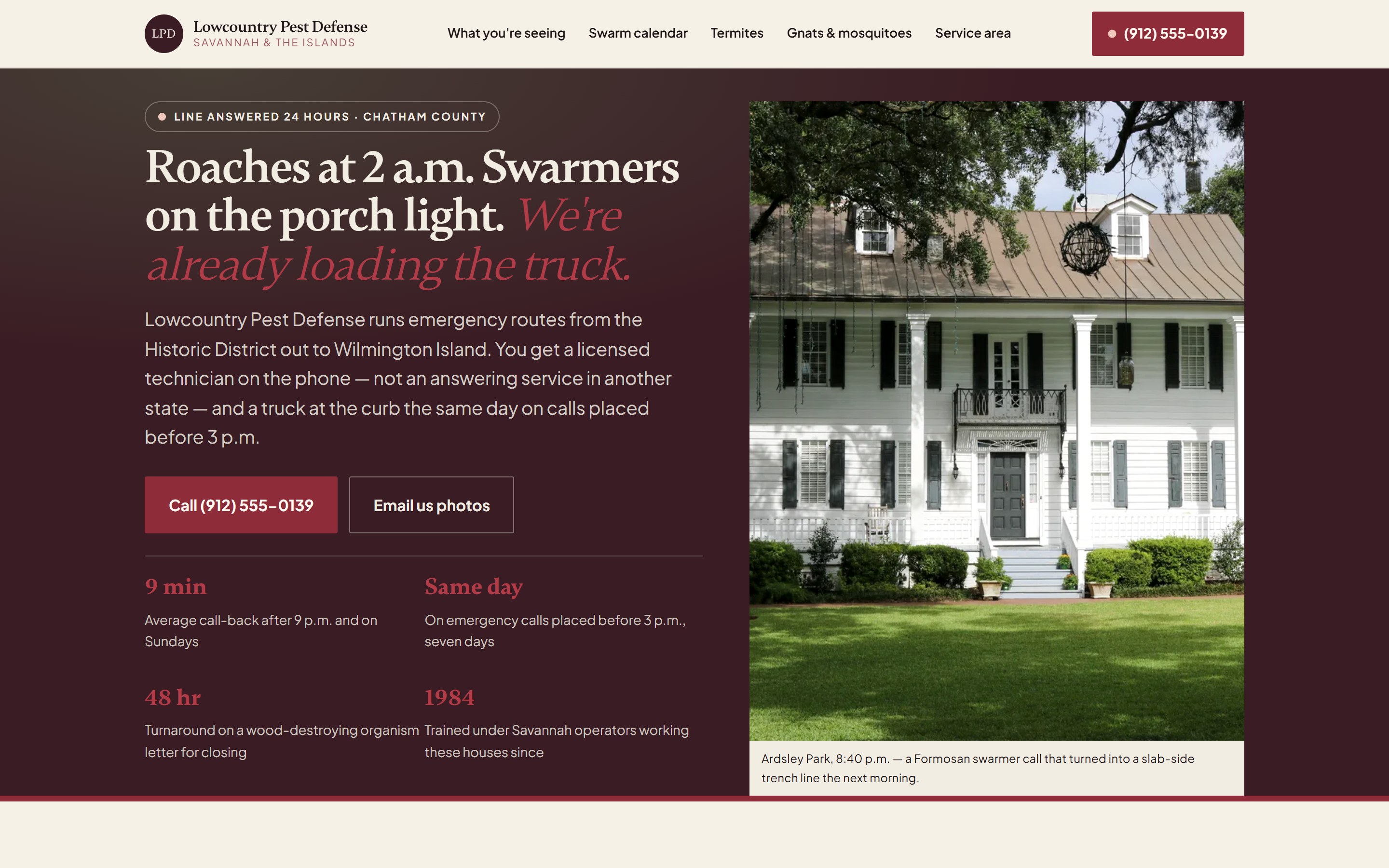 Lowcountry Pest Defense homepage: wine-colored opening over a Savannah home, reading “Roaches at 2 a.m. Swarmers on the porch light.”