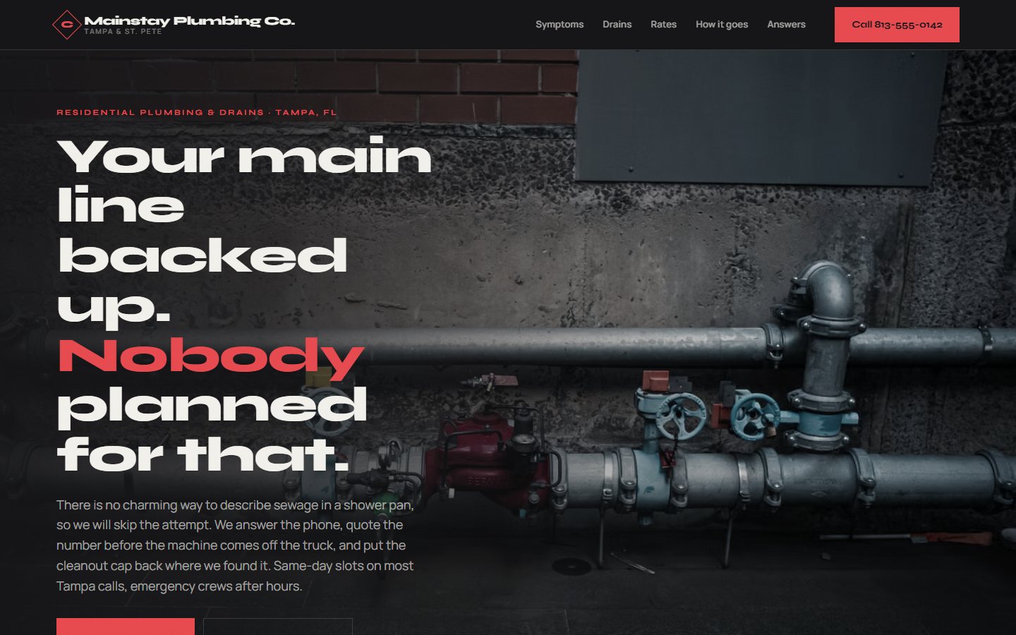 Mainstay Plumbing homepage: dark industrial opening over a photo of a wall of valves, with the red headline “Nobody planned for that”