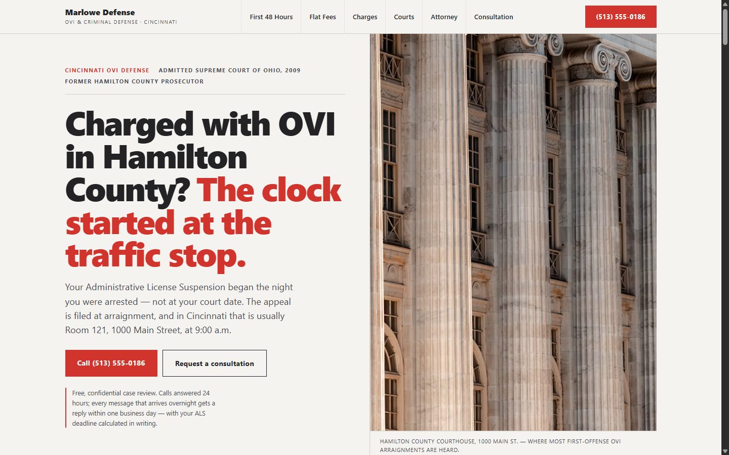 Marlowe Defense homepage: clean grid layout with a courthouse photo and rust-red accents