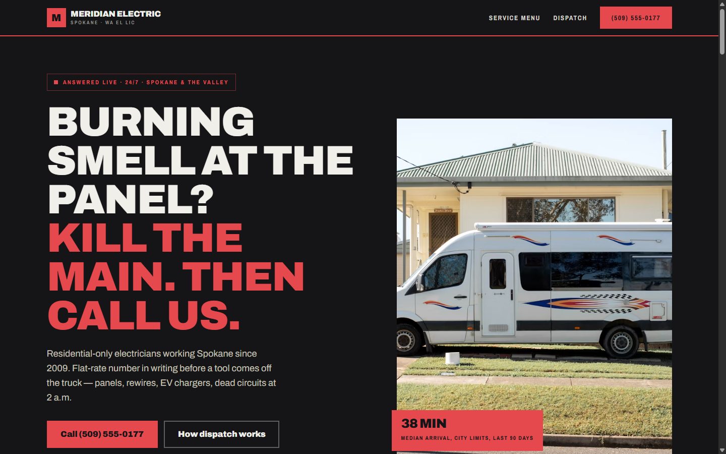 Meridian Electric homepage: dark opening with a safety-orange headline about a burning smell at the panel