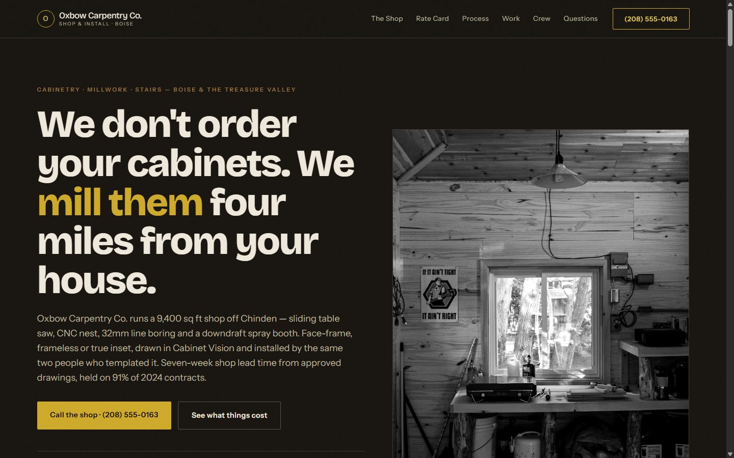 Oxbow Carpentry homepage: dark, textured layout showing off custom woodwork