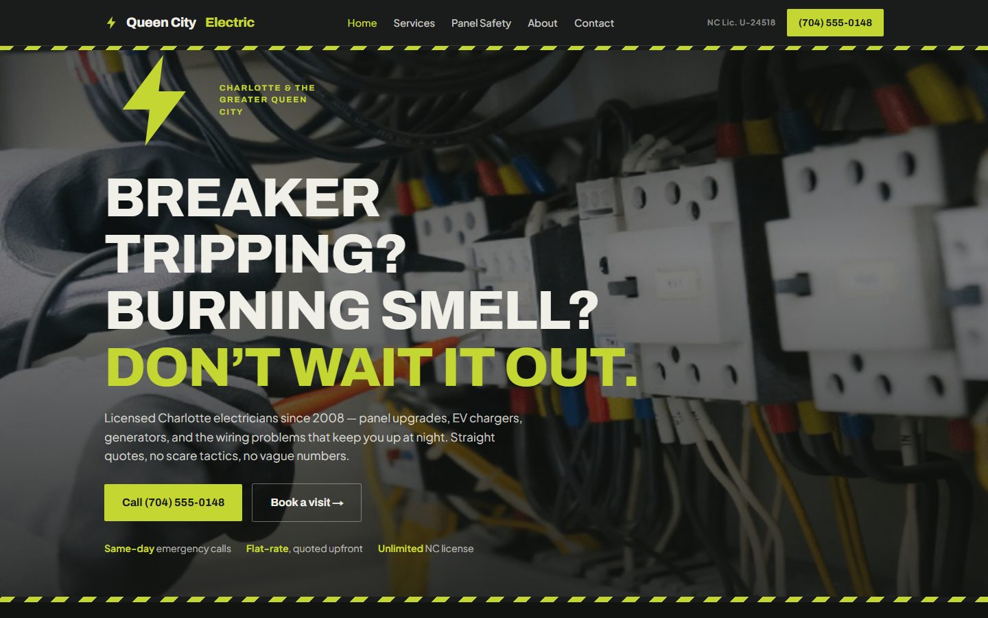 Queen City Electric homepage: edge-to-edge photo of an electrical panel with hazard stripes and a bright lime headline