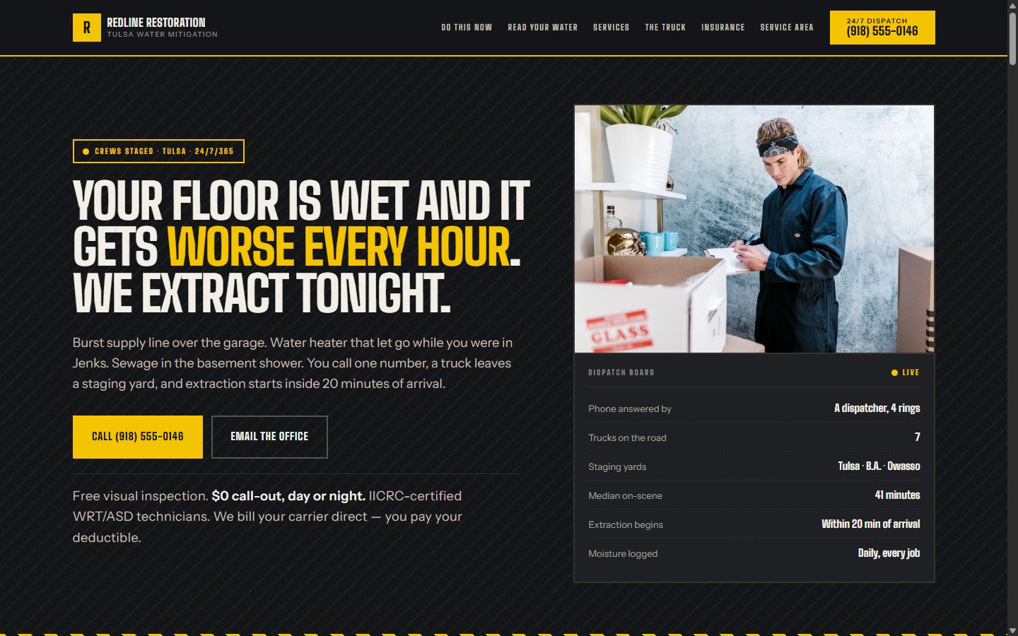 Redline Restoration homepage: high-visibility layout for a 24/7 water-damage response company