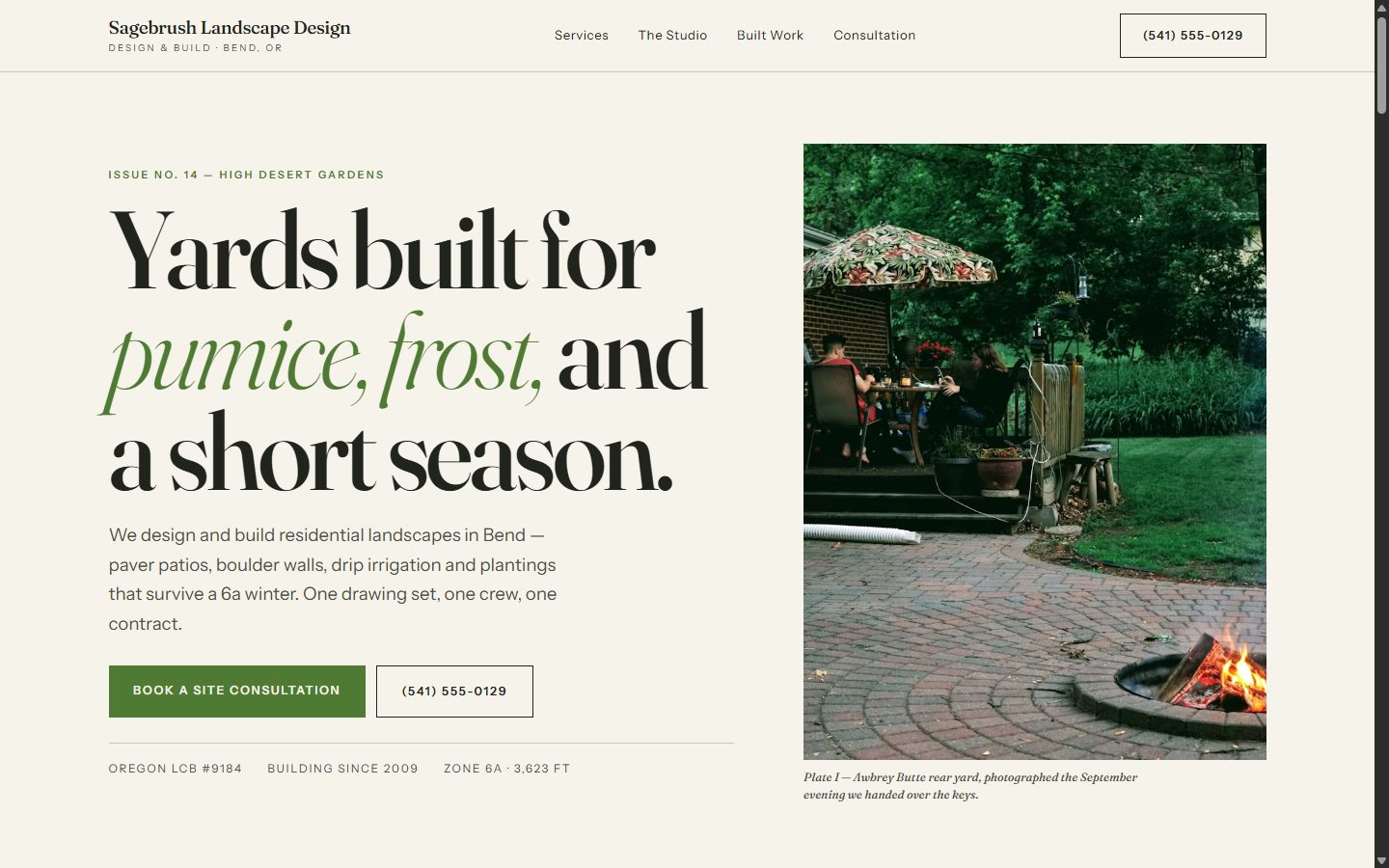 Sagebrush Landscape Design homepage: magazine-style opening about yards built for pumice, frost, and a short season