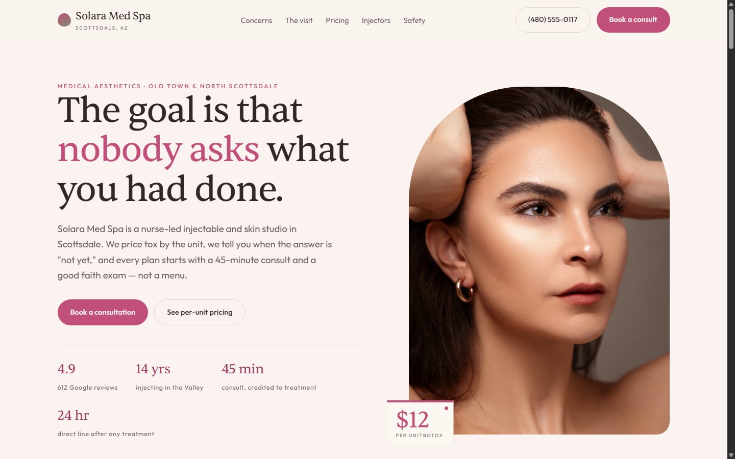 Solara Med Spa homepage: warm rose-and-cream opening that reads “The goal is that nobody asks what you had done”