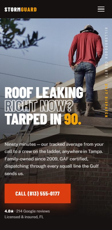 Storm Guard Roofing website on a phone with sticky call bar